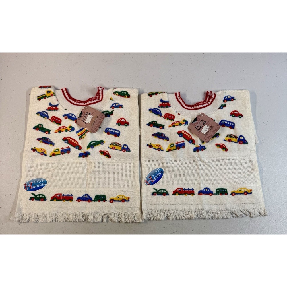 Charles Craft Velour Pair Of 2 Toddler Pullover Bib 100% Cotton Cars Trucks  NEW
